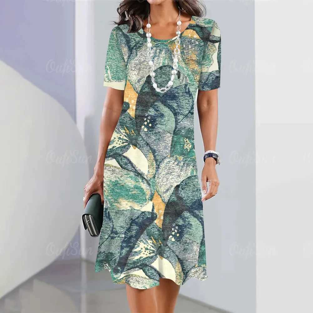 Summer Woman Clothing Short Sleeves Dresses Irregularly Printing Long Dress 3d Retro Womens Clothing Loose Round Neck Pullover M250304