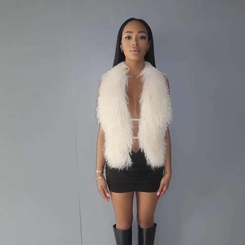 Sexy Mongolian Fur Backless Lacing Vest Waistcoat Woman Fluffy Halter Crop Top High Street Nightclub Cardigan Outfits