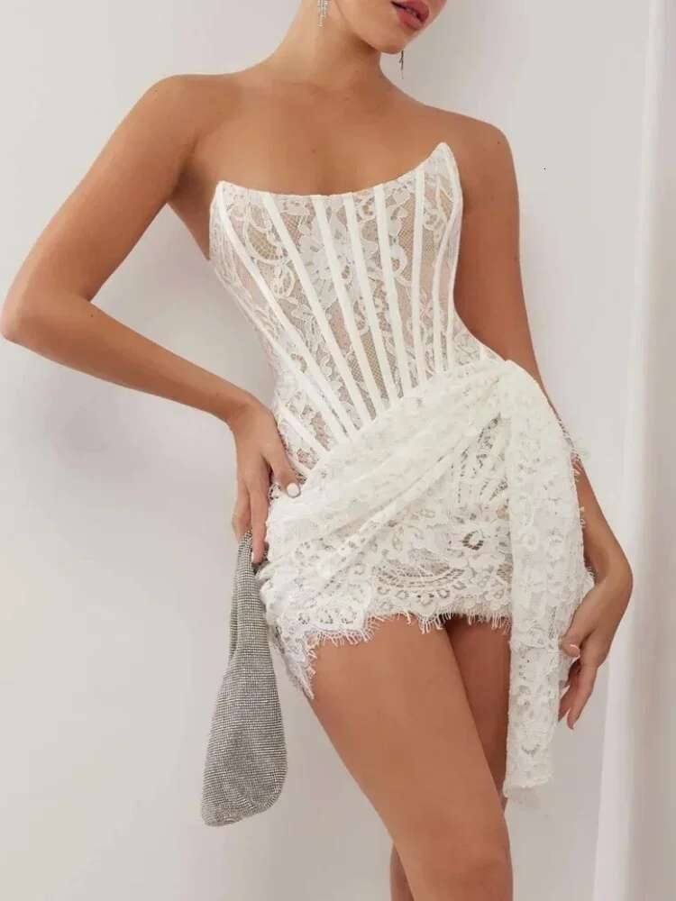 Women's Sexy Strapless Lace Corset Mini Dress Sleeveless Lace-Up Adjusted Draped Black Bodycon Dresses Elegant Party Club Gowns