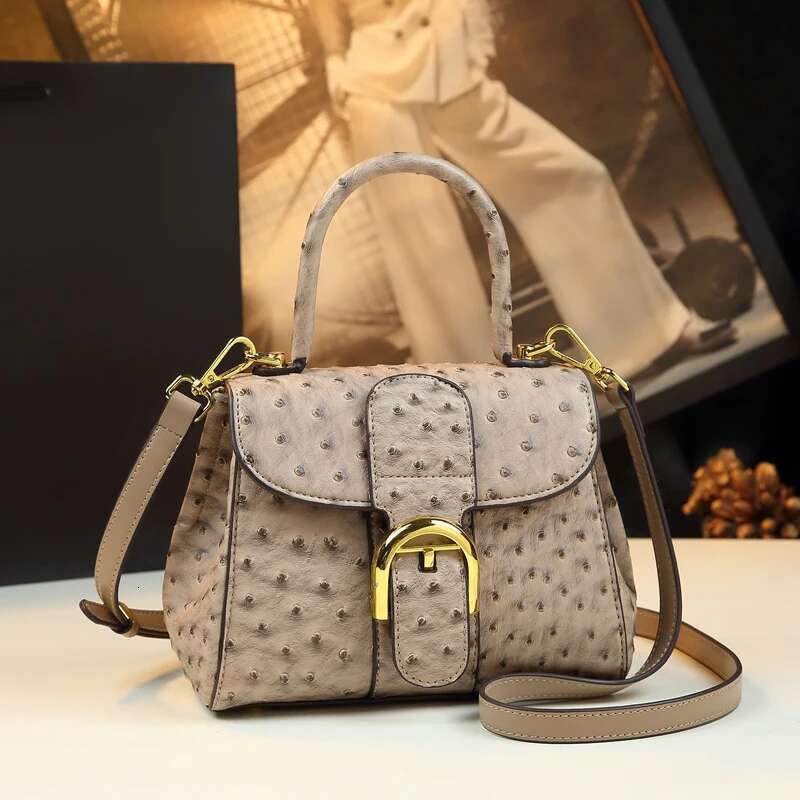 2025 New Designer Foreskin Leather Ostrich Printed Women's Handbag Fashionable High End Light Luxury Niche Pillowcase Cross Body Shoulder Bag