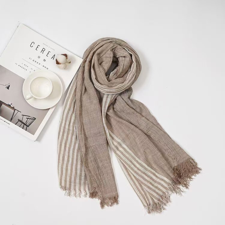 K144 Summer bamboo cotton striped scarf for women spot wear high-end literary retro natural crepe cross-border scarf wholesale