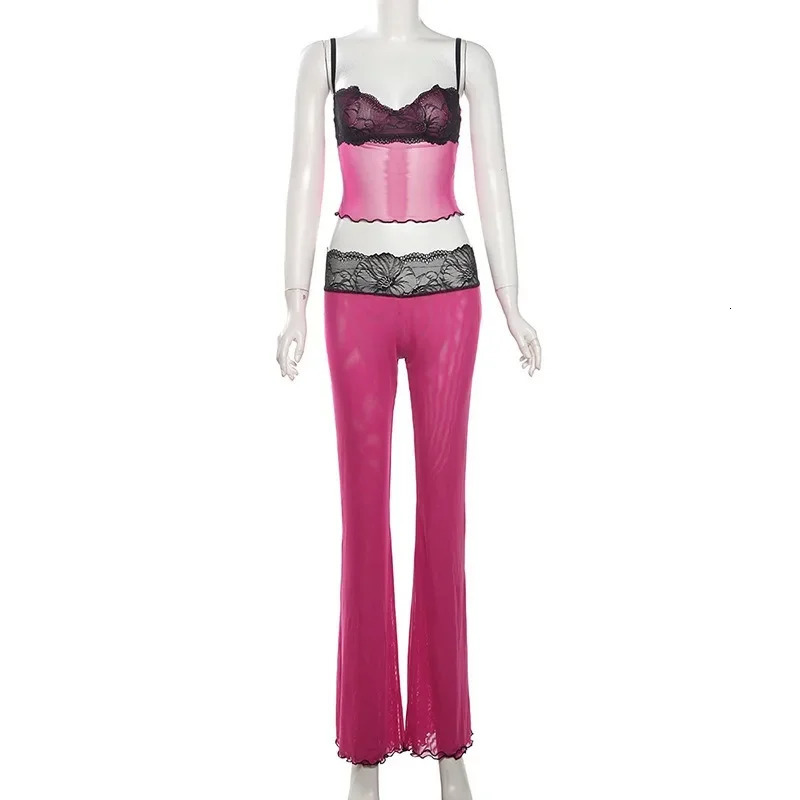 Pink Lace Patchwork Leopard Print Women Sexy Mesh 2 Piece Set Camisole Crop Tops Flare Pants Wild Club Party Matching Suits 250312