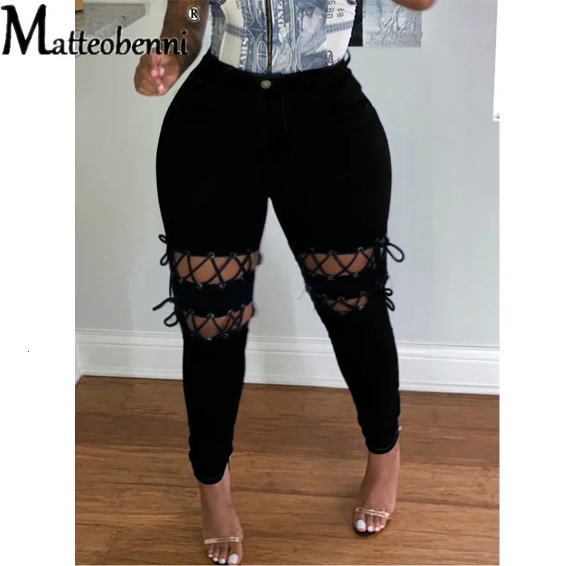 Fashion Women Solid Lace-up Hollow Out Jeans Winter Ladys Streetwear High Waist Skinny Denim Pencil Pants 250314