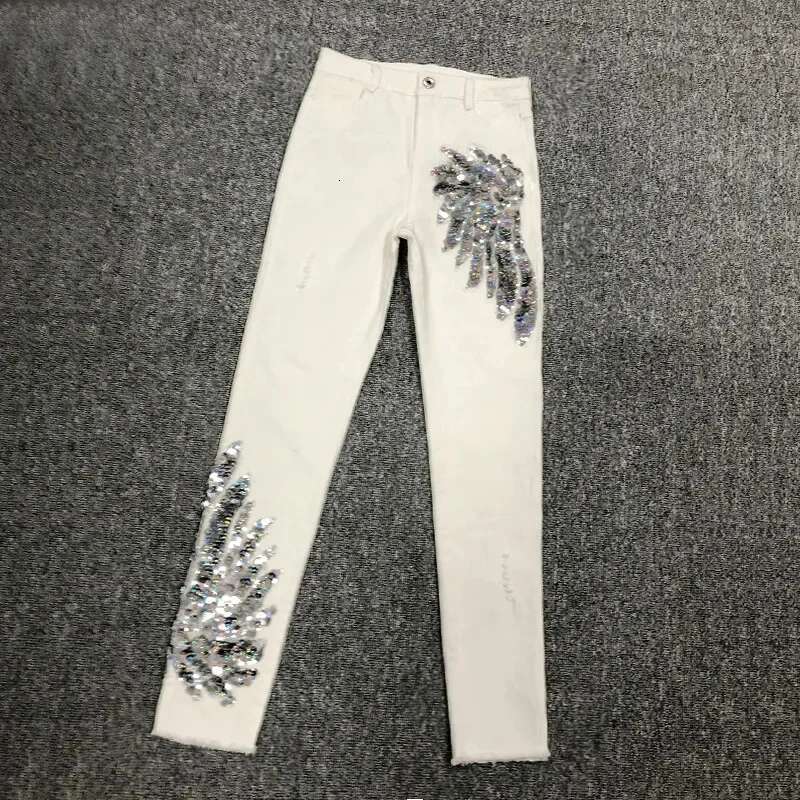 White sequined Phoenix denim 2025 new Korean slim fit elastic pencil tight jeans designer women's ankle length pants5