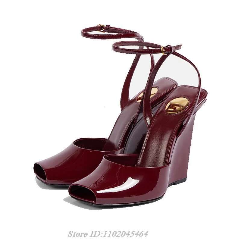 Chic Peep Toe Patent Leather Wedges Sandals Women's 2025 Summer New in Ankle Strap High Heels Designer Party Sexy Shoes