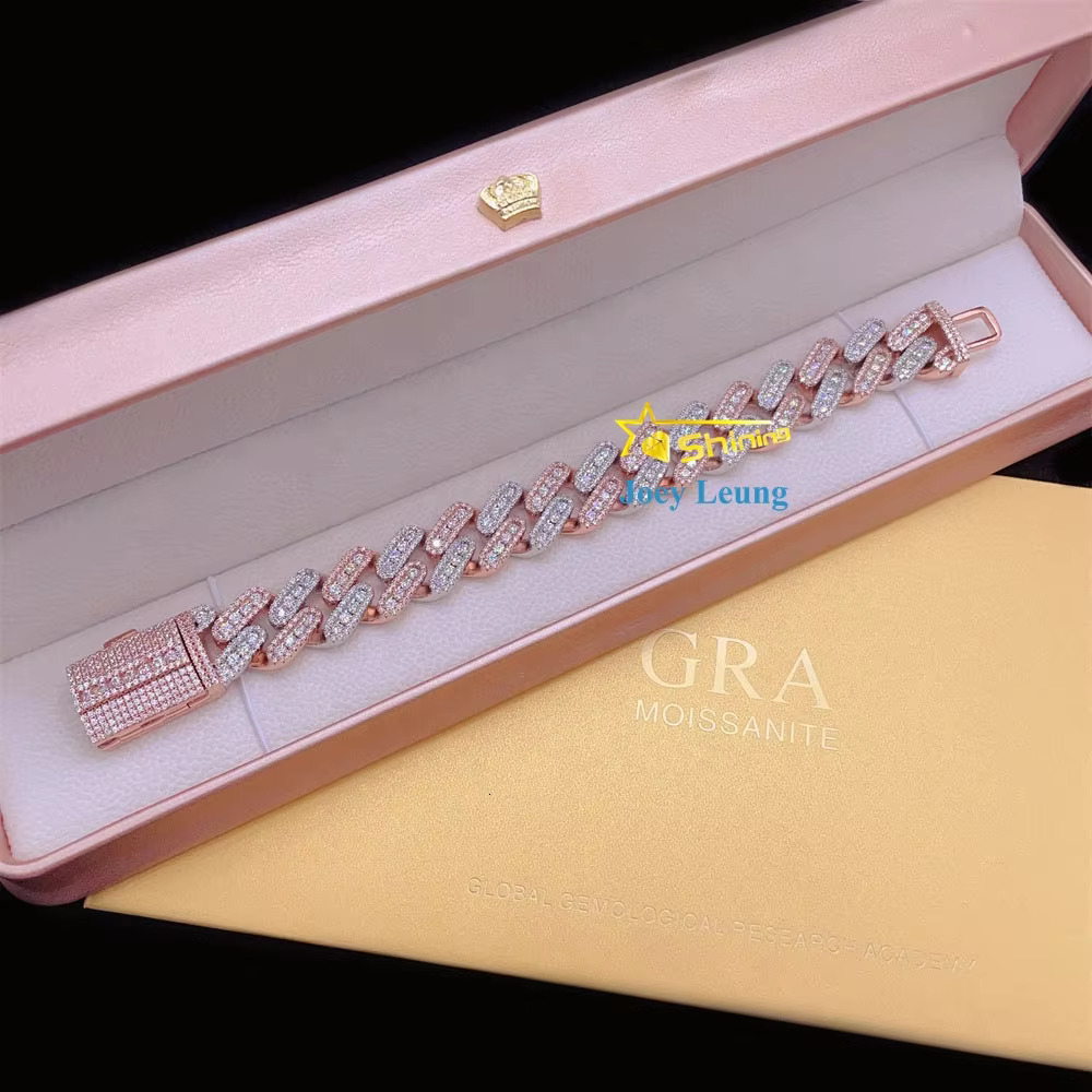 Moissanite Hip Hop Jewelry 18MM Curved 925 Silver Gold Plated Moissanite Diamond Iced Out Cuban Link Bracelet