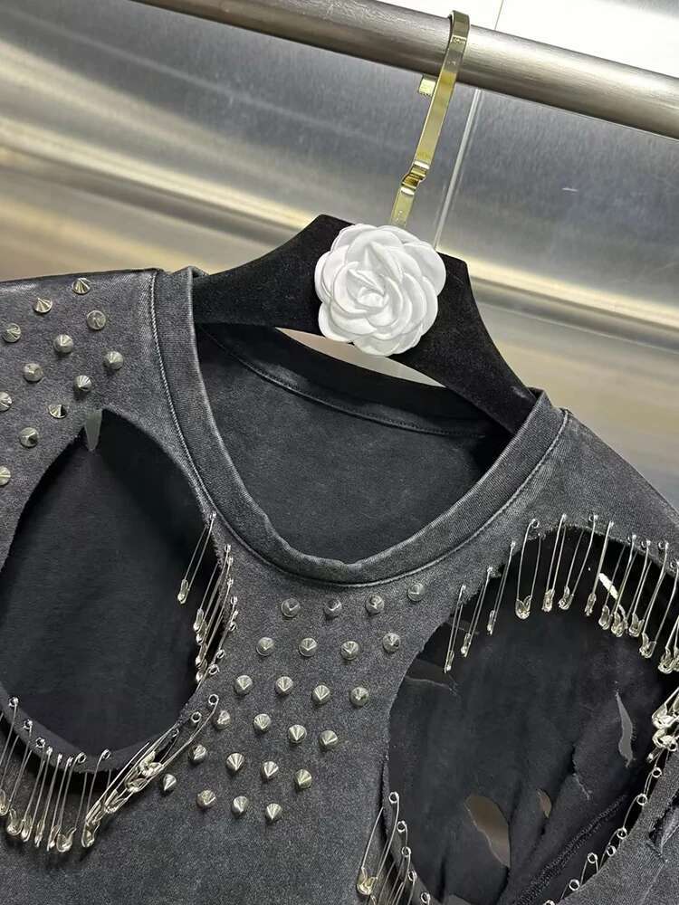 Hollow Out Patchwork Sequins Solid Shirts For Women Round Neck Short Sleeve Minimalist Slimming T Shirt Female Fashion New