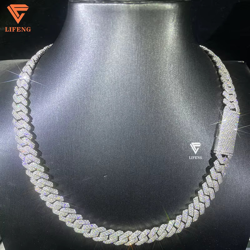 Mens 12mm 2-Row 925 Solid Sterling Silver Iced Hip Hop Bracelet VVS Moissanite Diamond Tester Cuban Link Chain Pass Diamond