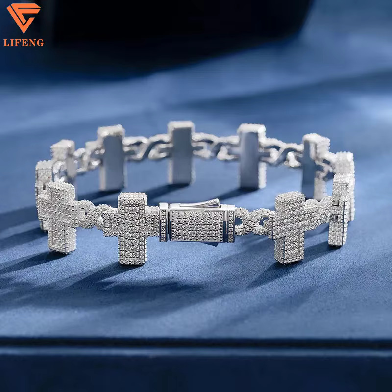 New Arrival 8mm Moissanite Cross Letter Cuban Link Chain Hiphop Jewelry S925 Pass Diamond Tester Iced Out Cuban Bracelet for Men