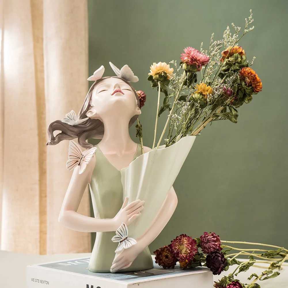 30cm Butterfly and Girl Vase Statue Handmade Modern Art Figurines Home Decoration Living Pink Room Interior Bedroom Decor Resin X250317