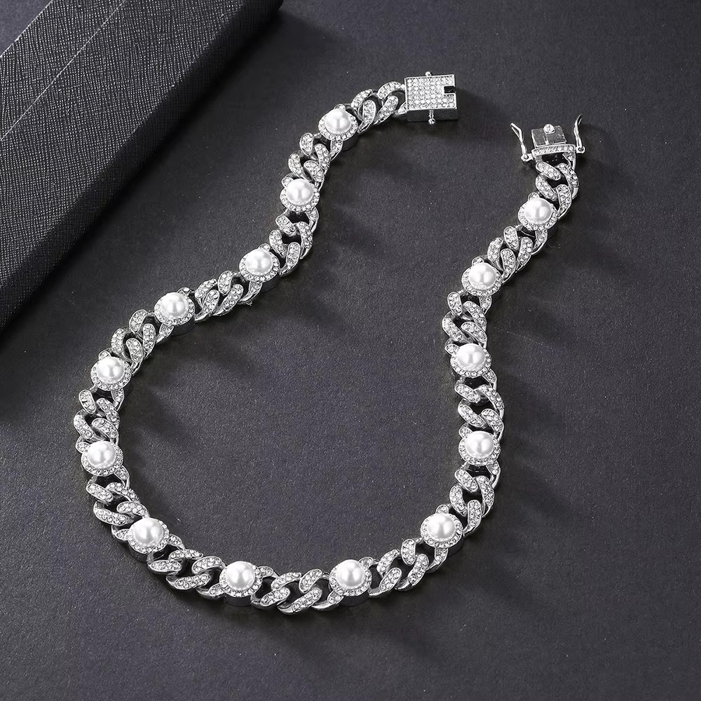 S925 Silver Hip Hop Jewelry 15MM Iced Out Pearl Beads VVS Moissanie Diamond Bracelet Necklace 18K Gold Plated Cuban Link Chain