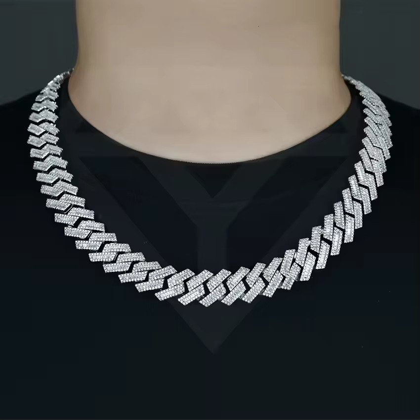 Full Iced Out Mens Bling Hiphop Jewelry Brass Baguette Cuban Link Chain 16mm Miami Cuban Chain