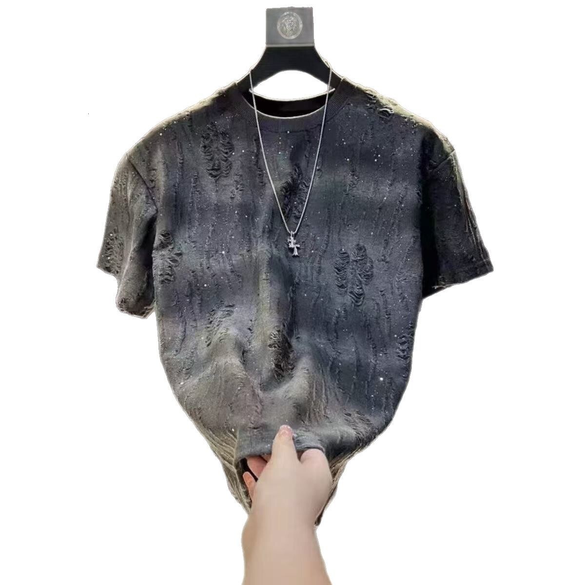 2025 Summer New Light High End Men's Half Sleeve T shirt Korean Edition Glitter Gradient Perforated Round Neck Top Trendy Designer Casual Shirt