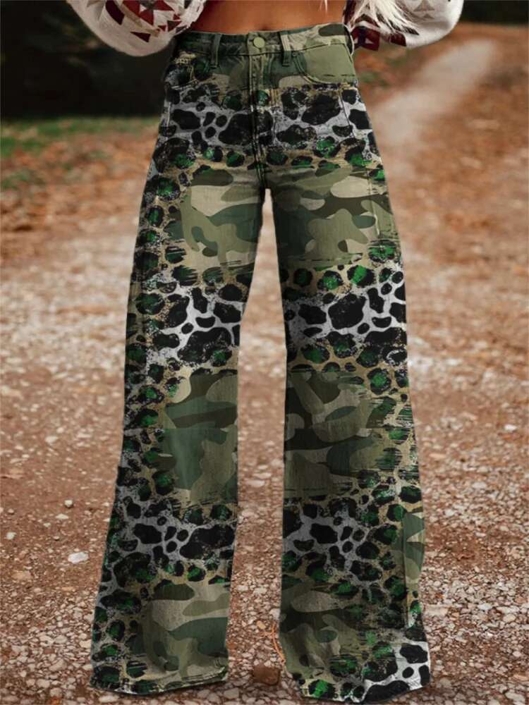 2025 New Spring/Summer Autumn Women's Long 3D Digital Printed Imitation Denim Thin Fabric Designer Color blocked Wide Leg Pants5