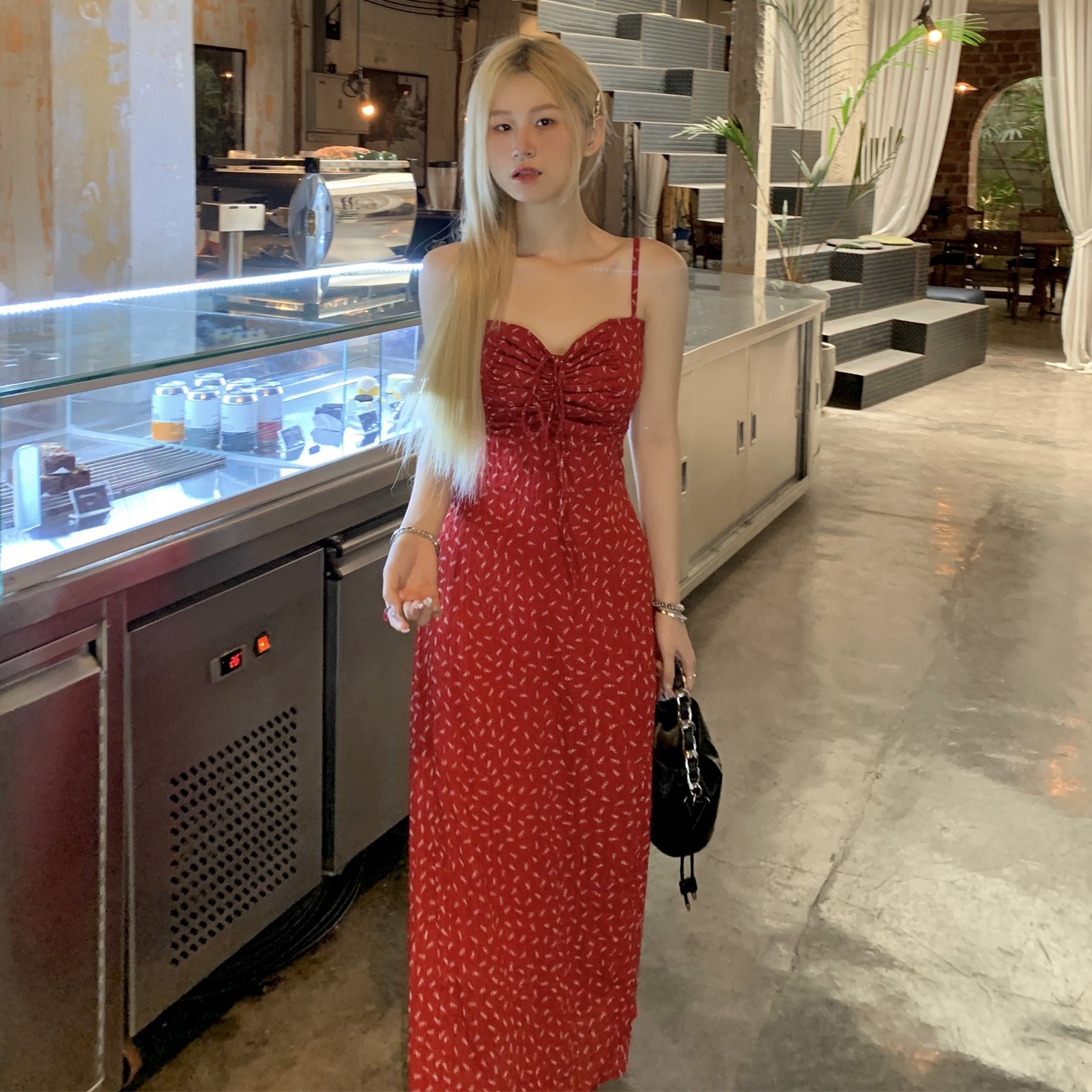 G125 Large size temperament sweet drawstring floral suspender dress summer lady style slim