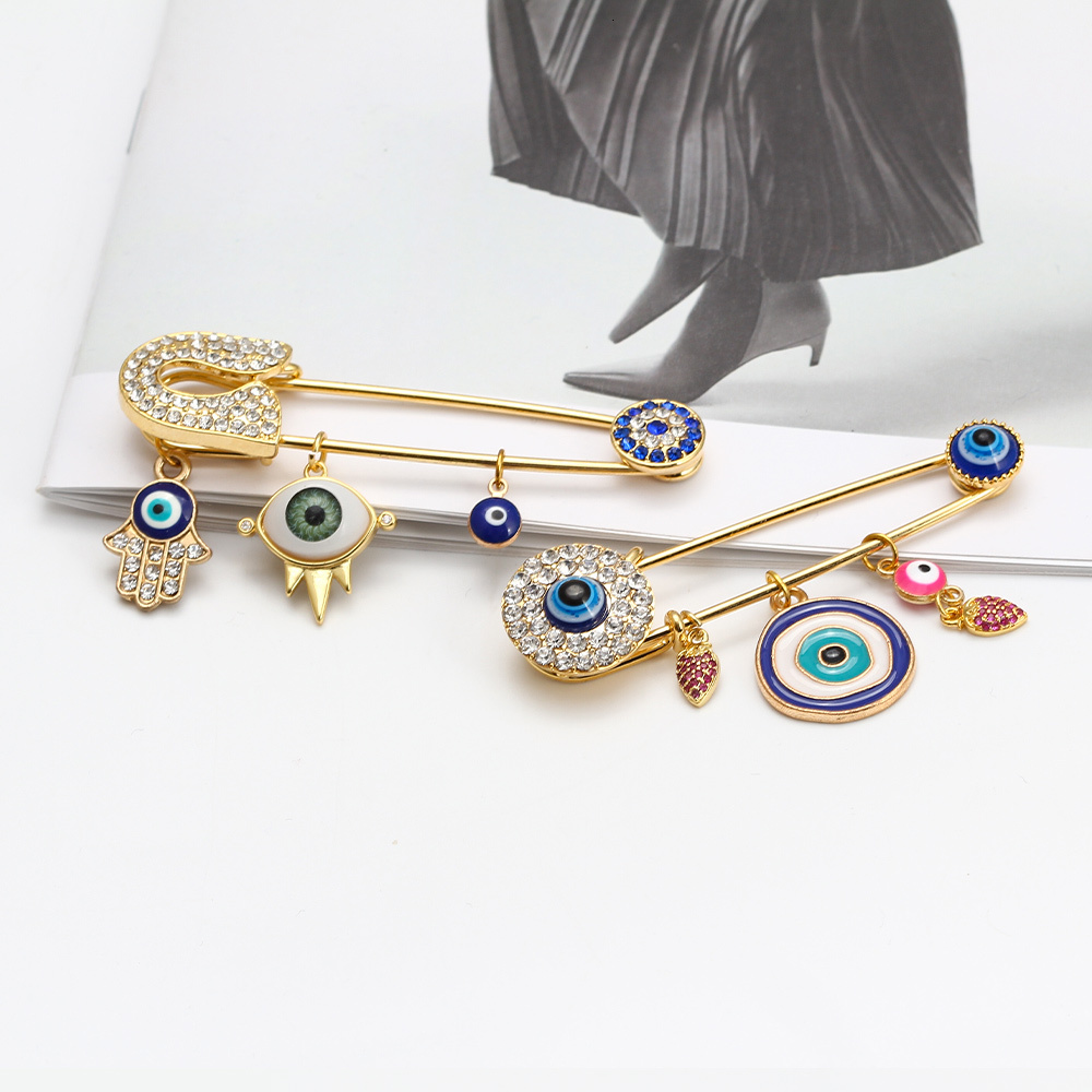 Lucky Eye Heart Fatima Hamsa Hand Blue Turkish Evil Eye Charm Brooch Pin Gold Silver Color Brooch for Women Girls Jewelry BE218