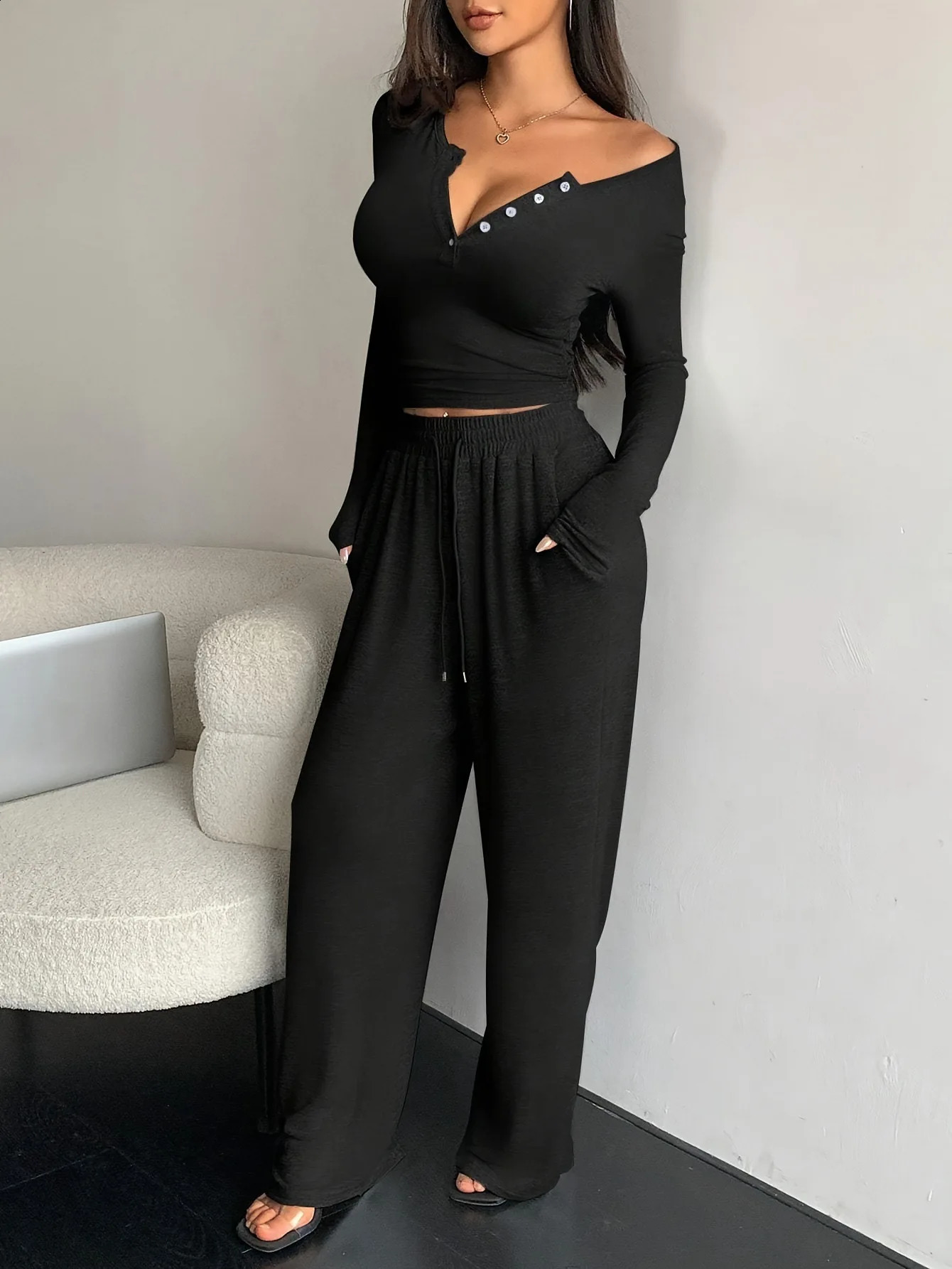 Women 2 Piece Sets Sexy Button Slim V Neck Pullover Wide Leg Pants Suit Solid Long Sleeve T Shirts Casual Sports Lady Outfits 250317