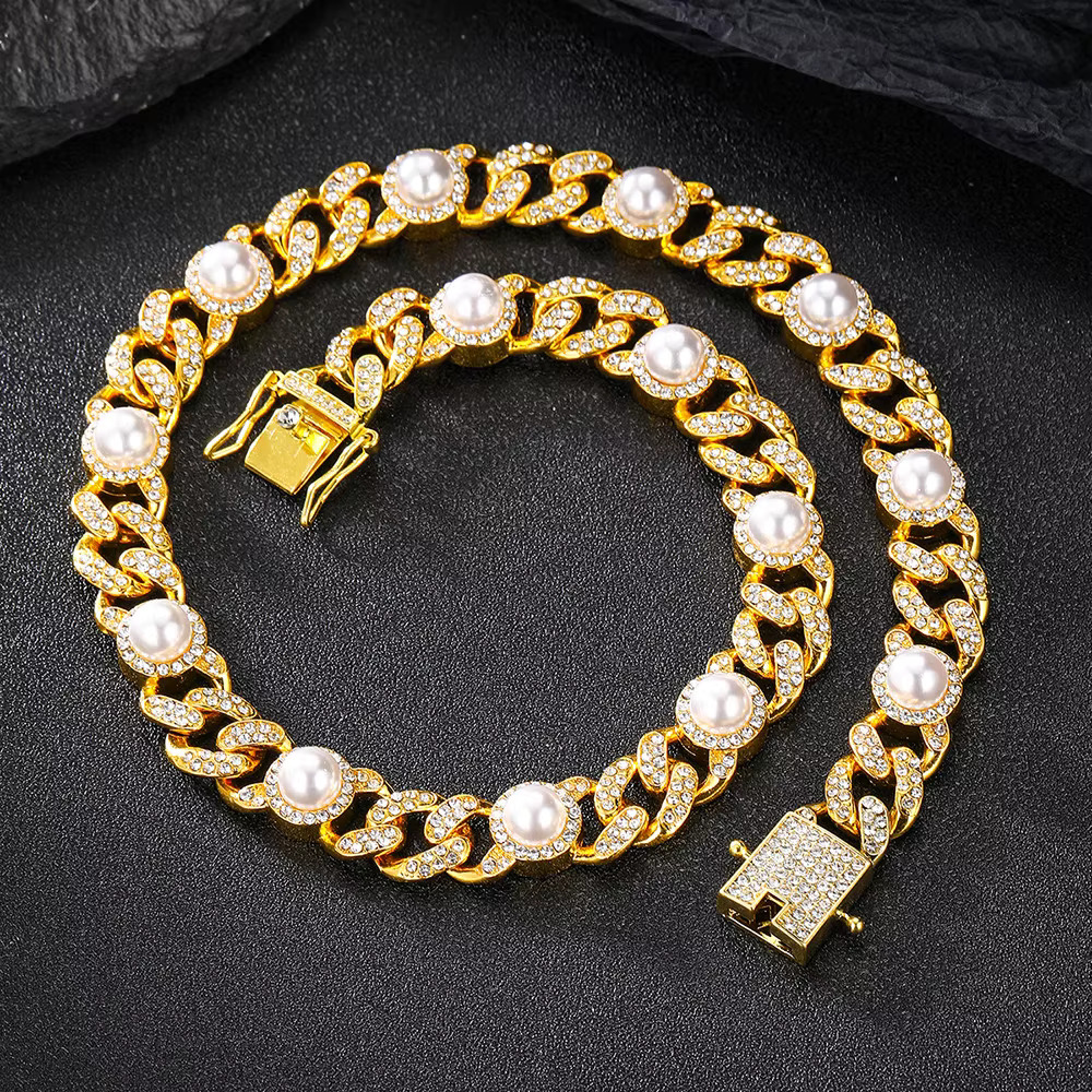 S925 Silver Hip Hop Jewelry 15MM Iced Out Pearl Beads VVS Moissanie Diamond Bracelet Necklace 18K Gold Plated Cuban Link Chain