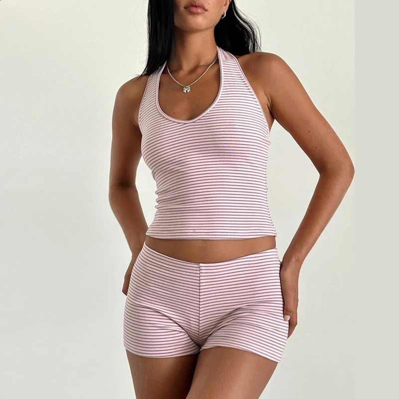 Women 2 Piece Lounge Set Casual Stripes Print Sleeveless V Neck Halter Crop Tops Low Waist Slim Fit Shorts Going Out Outifts 250317
