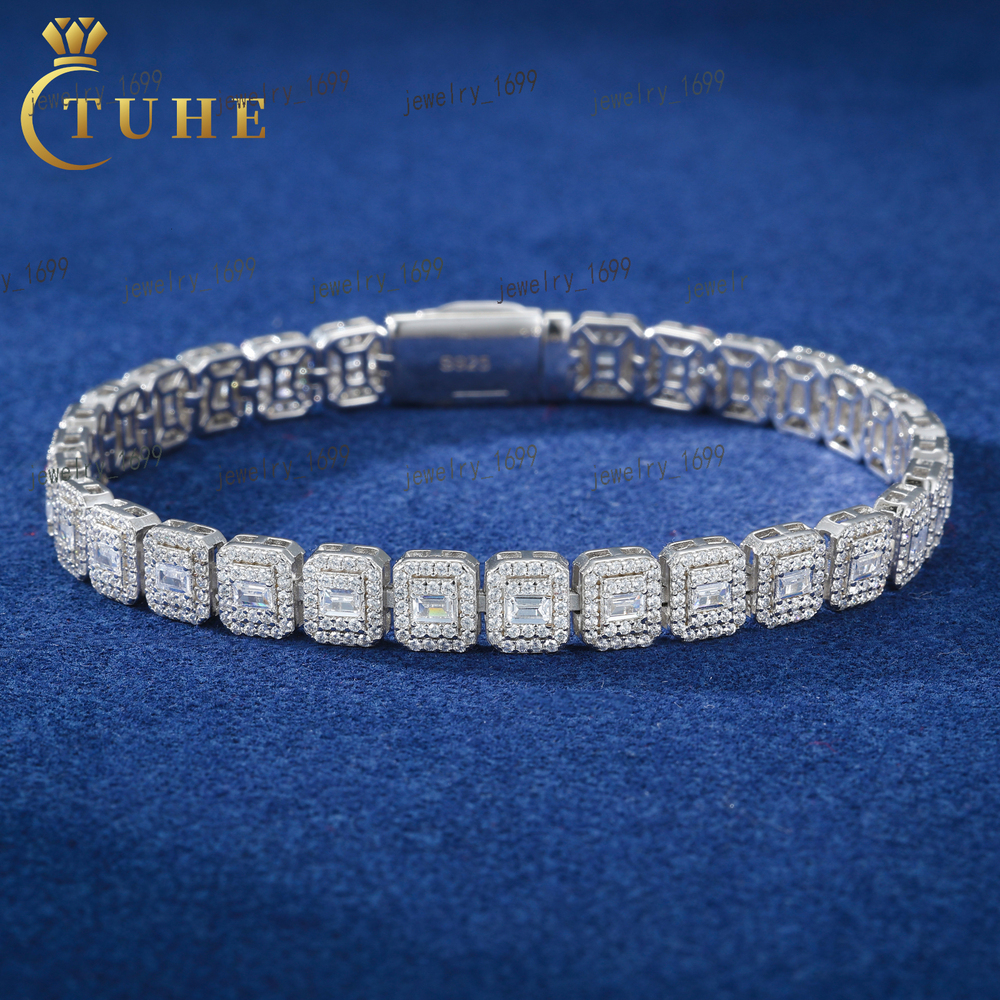 Hip Hop Jewelry 7.5mm White Gold 925 Silver Cluster VVS Baguette Moissanite Diamond Ice Out Tennis Bracelet for Men Women