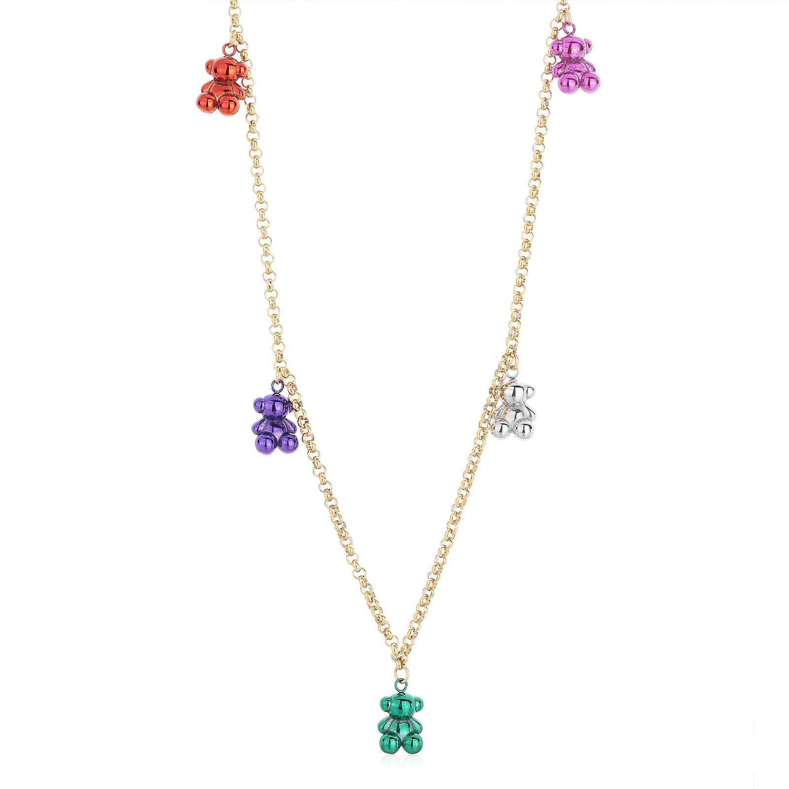 New Fashion Women Silver Gold Stainless Steel Bear Letter Pink White Black Oil Animal Pendant Necklace Sets Jewelry