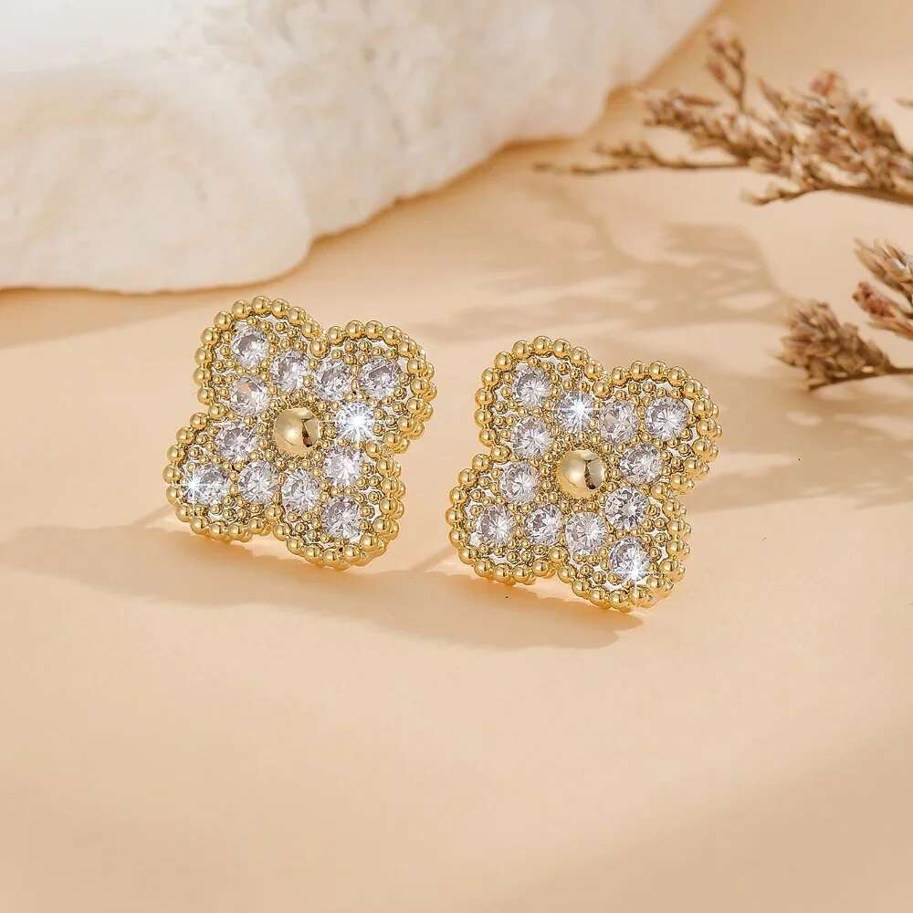 Micro Inlaid Zircon Series Four Leaf Lucky Earrings A Sweet And Romantic Holiday Gift For Girls