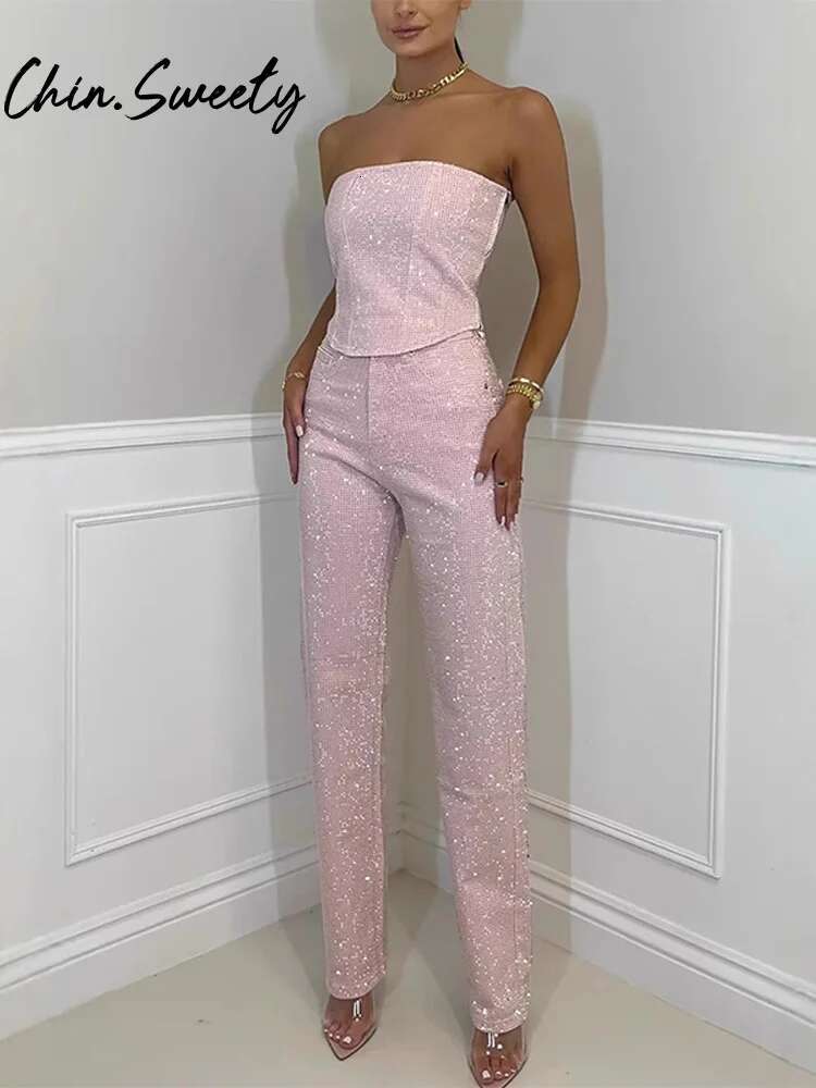 2025 new urban sequined tube pants designer women's set sleeveless backless and navel exposed straight tube pants 2025 spring/summer street women