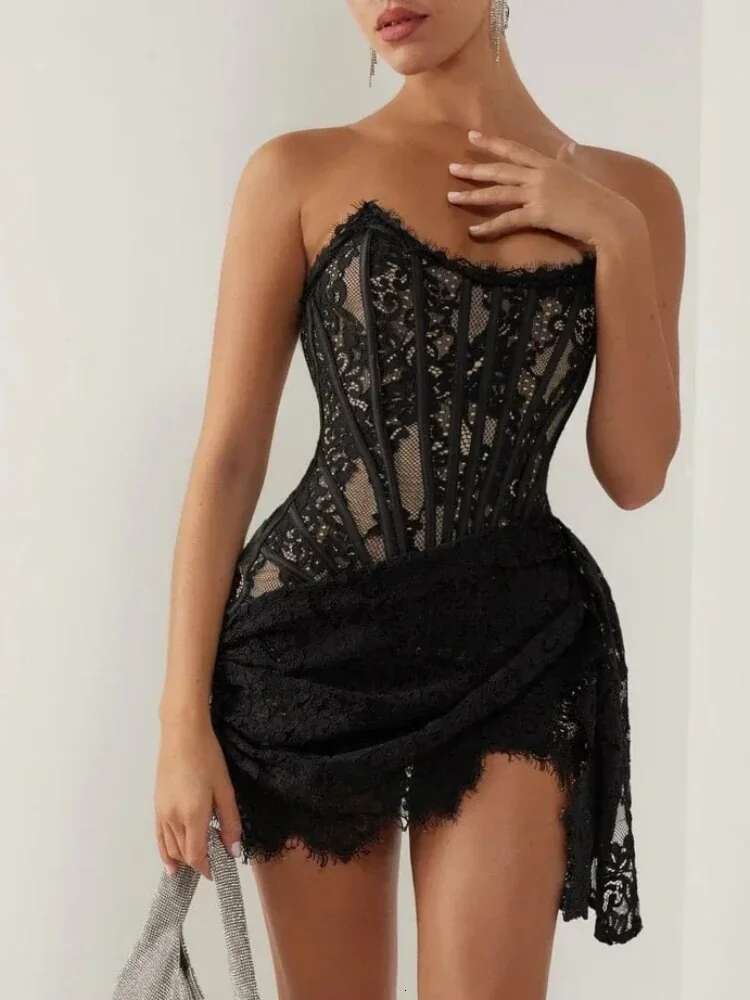 Women's Sexy Strapless Lace Corset Mini Dress Sleeveless Lace-Up Adjusted Draped Black Bodycon Dresses Elegant Party Club Gowns