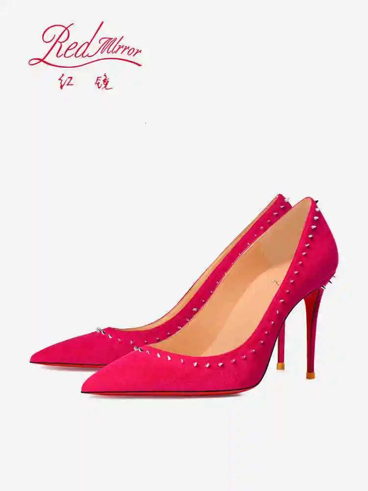 Women's elegant high heel shoes Red Shiny Bottom Heels For Women 2024 Naked color Rivet Pumps Sexy Pointed Toe women 44