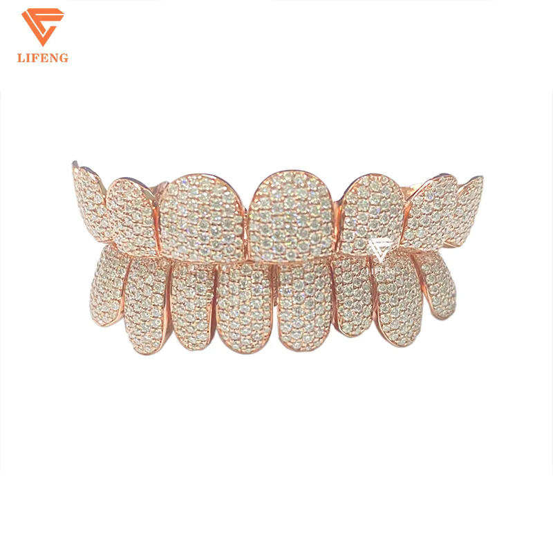 Rose Gold Deep Cut Teeth Grillz Iced out VVS Moissanite Silver Grillz Custom Hiphop Jewelry Men Rapper Punk 8/8 Diamond Grillz