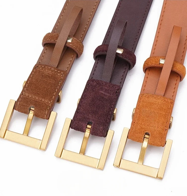 Womens Double Genuine Leather Belt Fashionable Cowhide Suede Belts with Square Alloy Buckle for Dresses Jeans Casual Wear 250312
