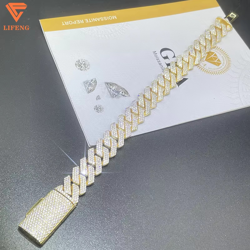 Lifeng Jewelry Custom Moissanite Chain Cuban Link Iced Out 14mm VVS Moissanite Hip Hop Luxury Fashion Gold Plated Cuban Bracelet