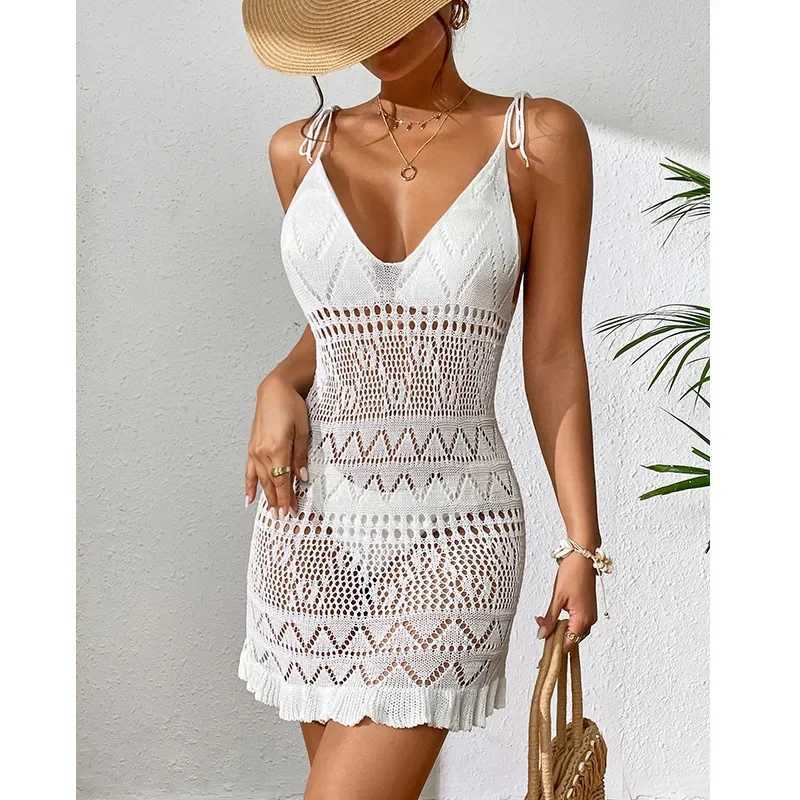 Sexy Womens Crochet Beach Dress See-through Beachwear Pareo Swimsuit Woman Bathing Suit White Dress Beach Cover Up Women Holiday M250304