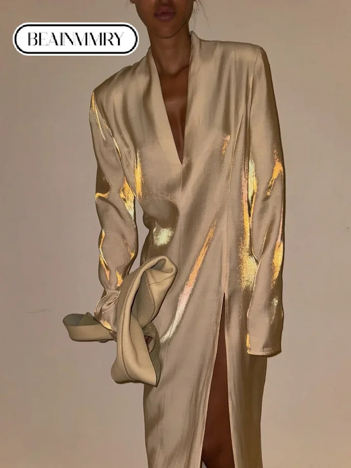 Casual Loose Laser Satin Sparkling V Neck Split Maxi Dres Long Sleeves Shinny Vestidos 2025 Female Holiday Party Dresses 250314