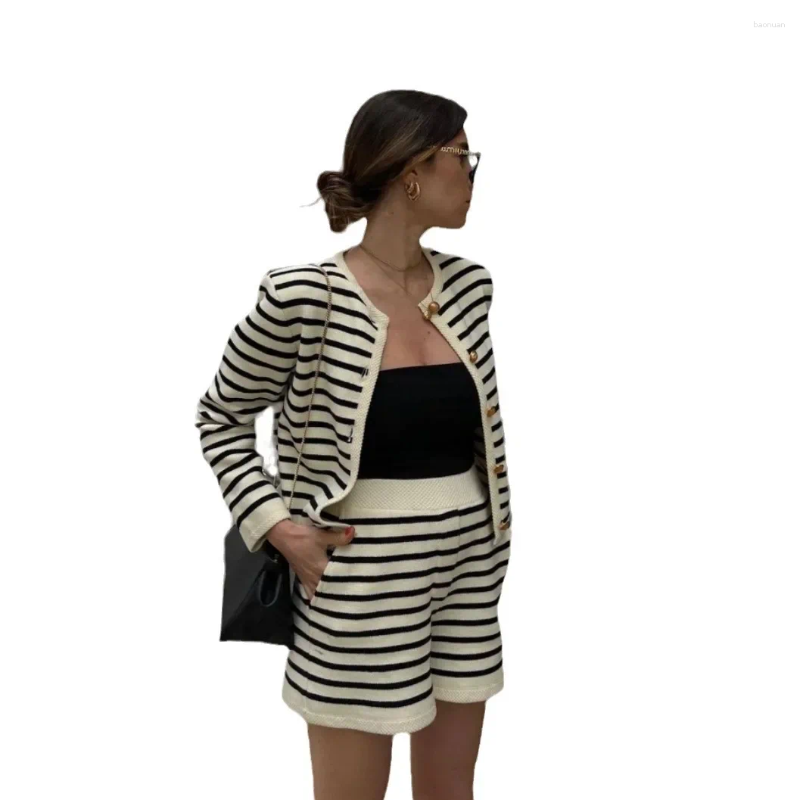 Womens Tracksuits 2025 Fashion Casual Sweater Cardigan Fast Sale Stripe Round Neck Knit Shorts Set Summer Clothing