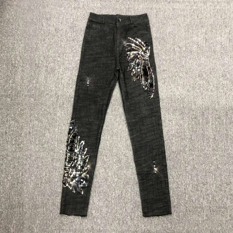 White sequined Phoenix denim 2025 new Korean slim fit elastic pencil tight jeans designer women's ankle length pants5