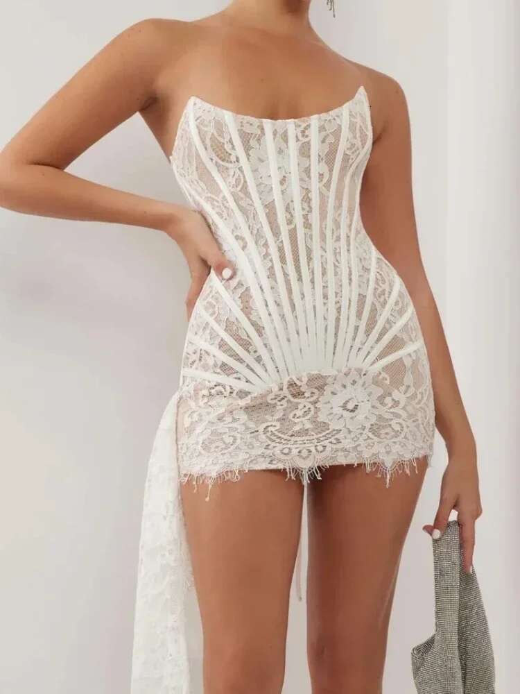 Women's Sexy Strapless Lace Corset Mini Dress Sleeveless Lace-Up Adjusted Draped Black Bodycon Dresses Elegant Party Club Gowns