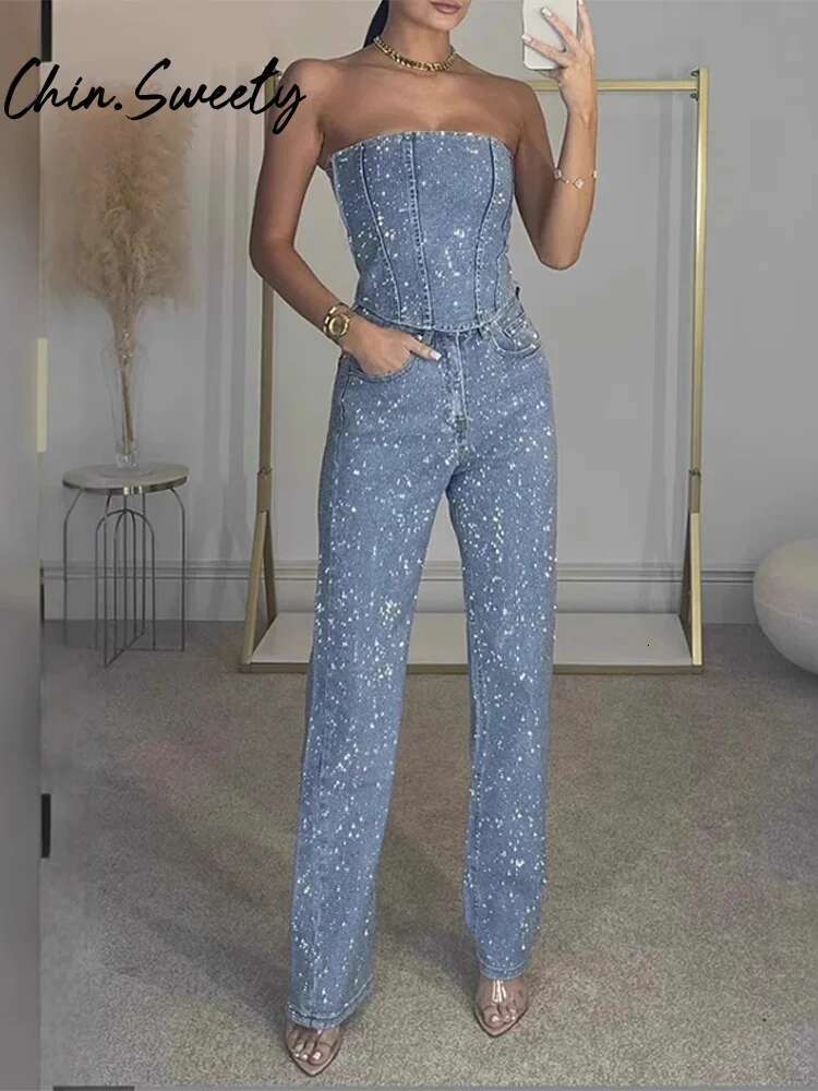 2025 new urban sequined tube pants designer women's set sleeveless backless and navel exposed straight tube pants 2025 spring/summer street women