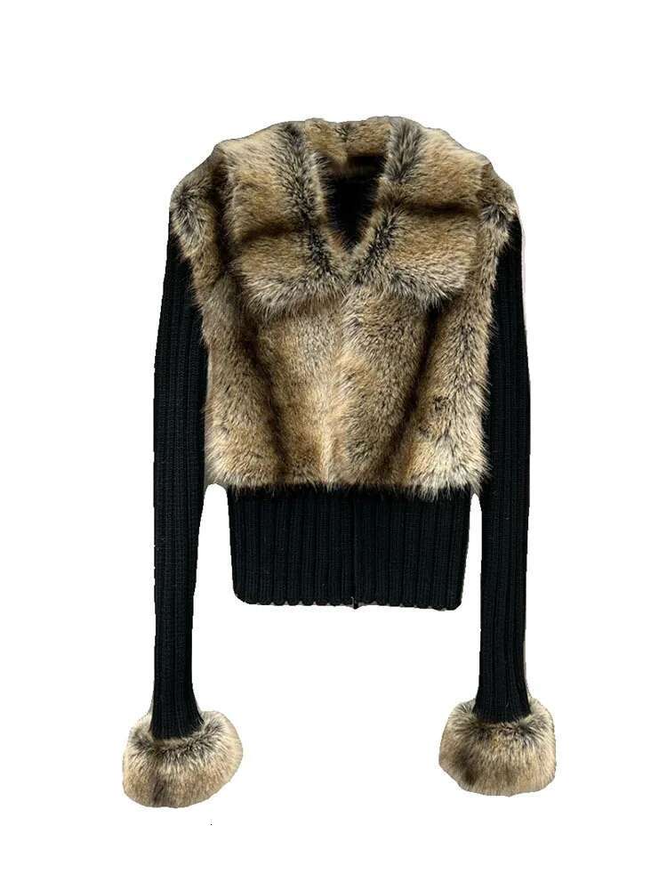 DEAT Fashion Women's Spliced Fake Fox Plush Knitted Cardigan 2024 Winter New V-Neck Long Sleeves Zipper Sweater Female 11Xx7778