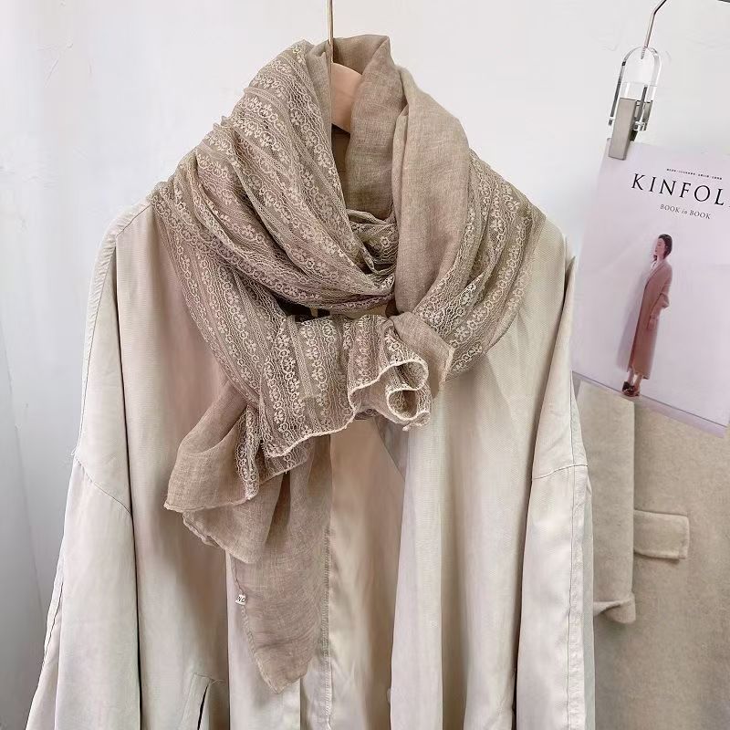 T304 Spring and Autumn new lace splicing versatile scarf female long fashion neck shawl literary cotton and linen thin silk scarf