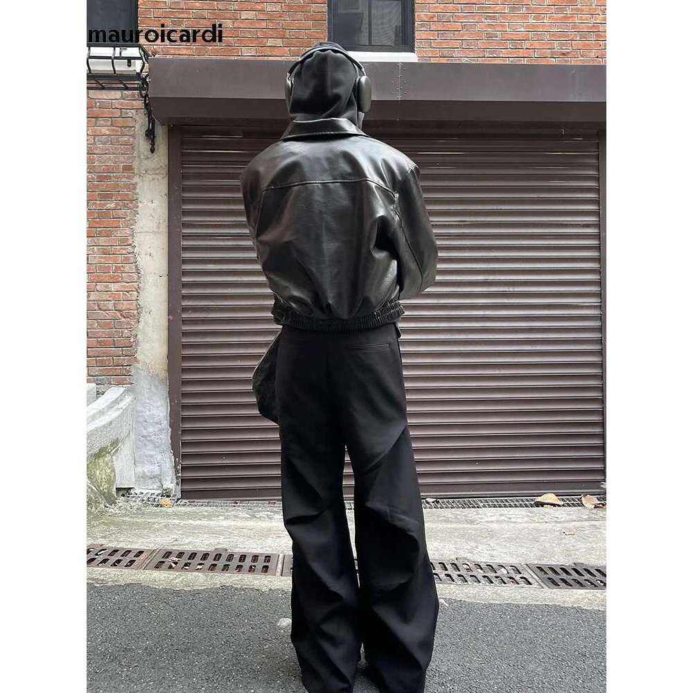 Men's Mauroicardi Spring Autumn Cool Oversized Short Black Soft Pu Leather Jacket Men Zipper Designer American Vintage Clothes 250526
