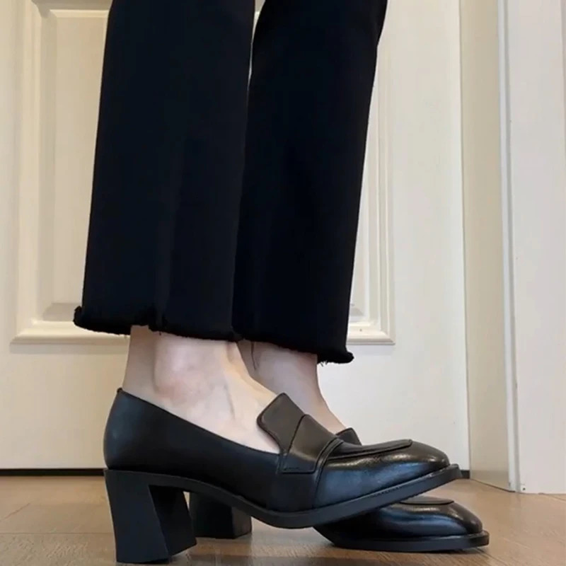 Vintage College Style Women Loafer Fashion Shallow Slip On Female Elegant Thick Heel Commuting Shoes 250317