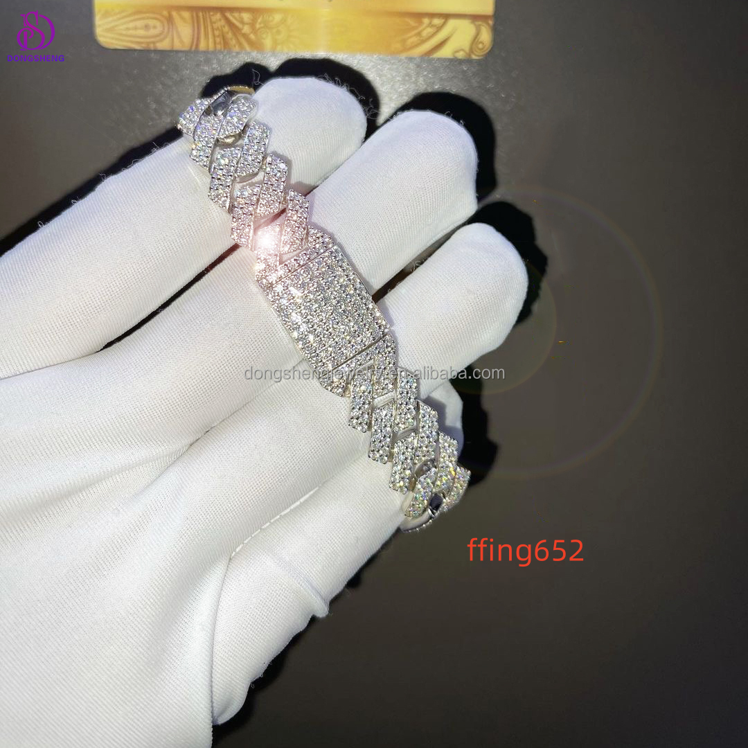 Wide Diamond Hip Hop Fashion Jewelry Iced Out VVS Moissanite Cuban Bracelet for Men and Women 12mm 13mm 14mm Silver Customize C5