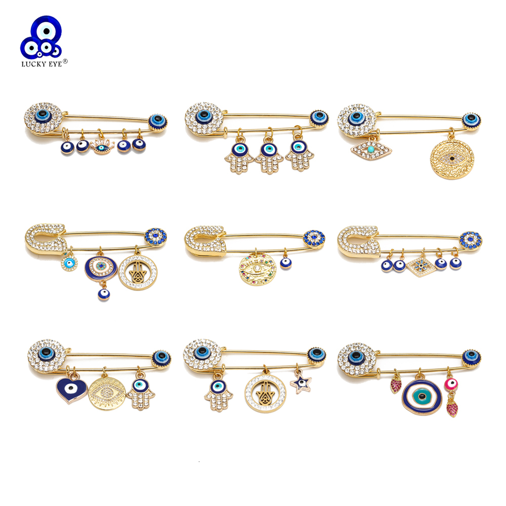 Lucky Eye Heart Fatima Hamsa Hand Blue Turkish Evil Eye Charm Brooch Pin Gold Silver Color Brooch for Women Girls Jewelry BE218