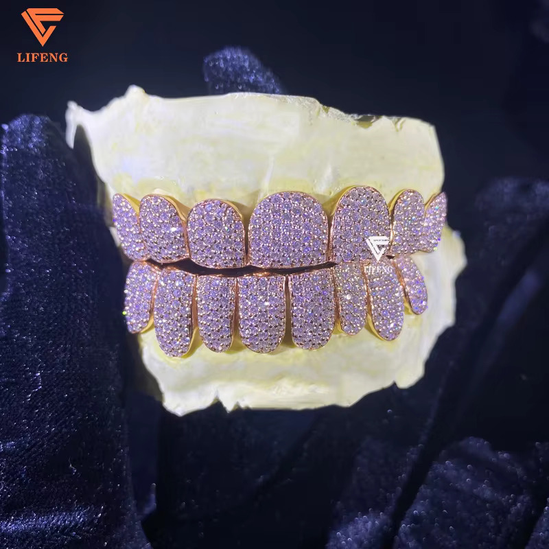 Rose Gold Deep Cut Teeth Grillz Iced out VVS Moissanite Silver Grillz Custom Hiphop Jewelry Men Rapper Punk 8/8 Diamond Grillz