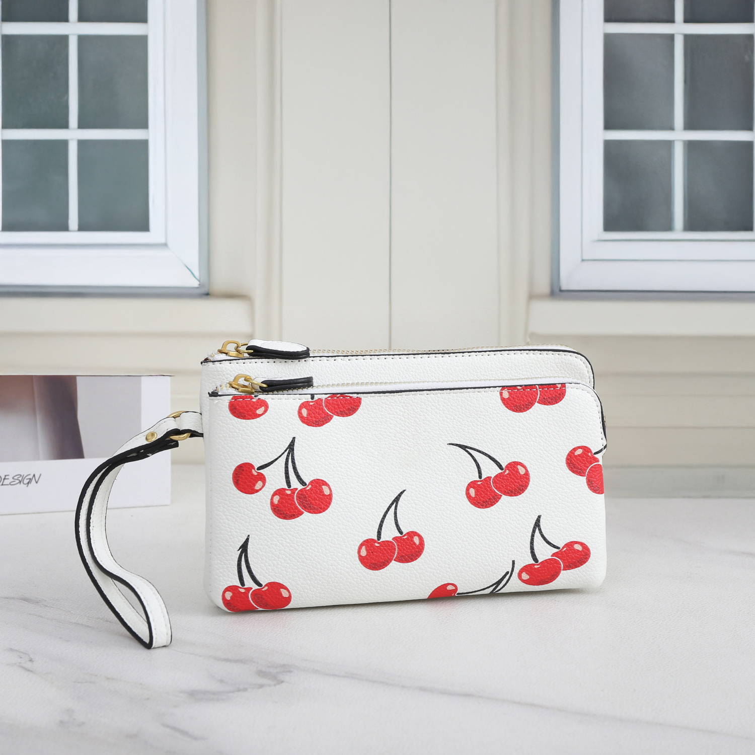 Designer Wristlet Wallet with Cherry Lip Print Clutch Bag, Makeup bag, Double Zipper Clutch, Coin Purse in White Black Blue Pink Color, PU Leather, Lightweight Chngsf886