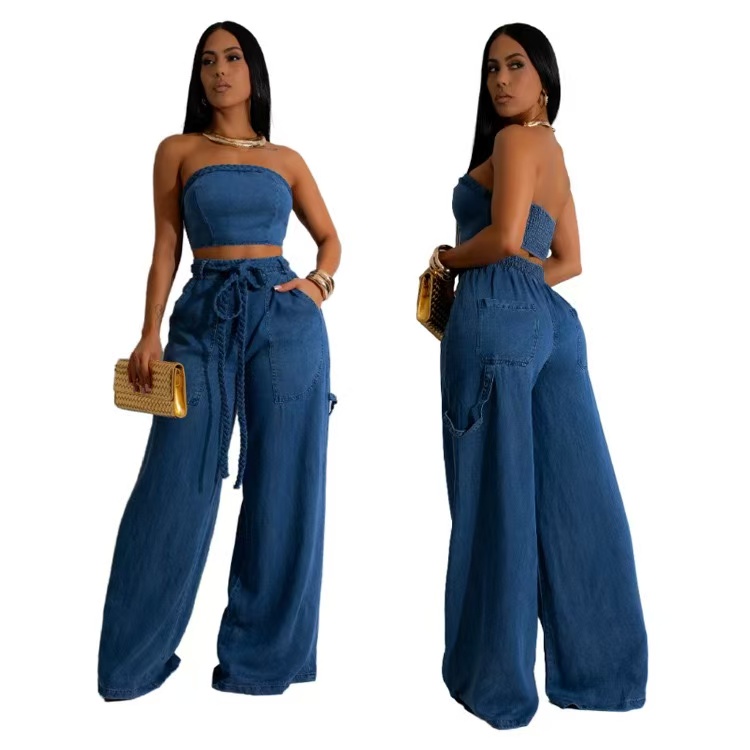 Women's Designer Brand Two-Piece Set - casual fashion Denim strapless braided wide leg pants set Girl Street Photo tube women's Tube top wide leg jeans set