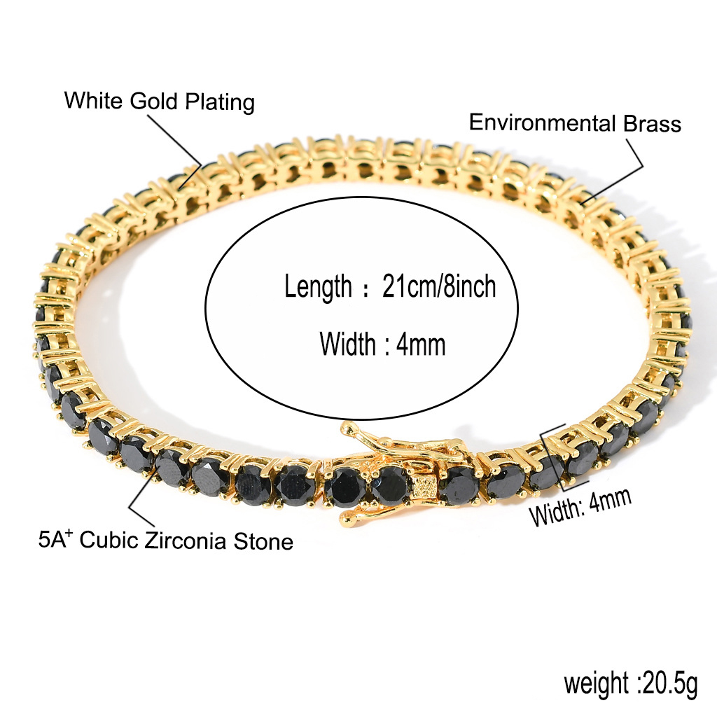 16"-24" Hip Hop Black Cubic Zircon Necklace Bracelets 4mm Tennis Chain Real Gold Plated Jewelry Set