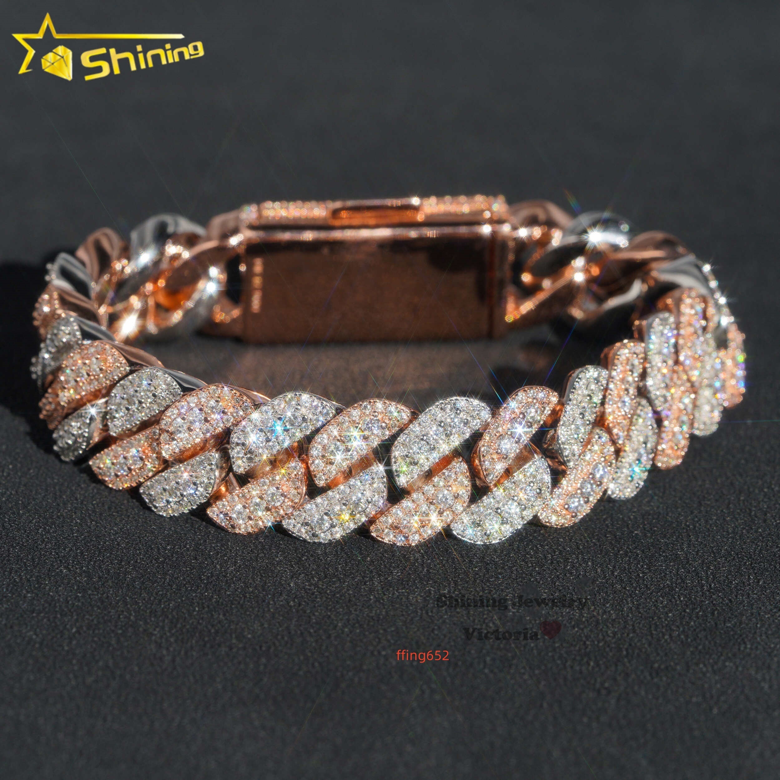 Shining Jewelry Hip Hop Jewelry 13mm 15mm Rose Gold Two Tone Iced Out VVS Moissanite Diamond Cuban Link Bracelet