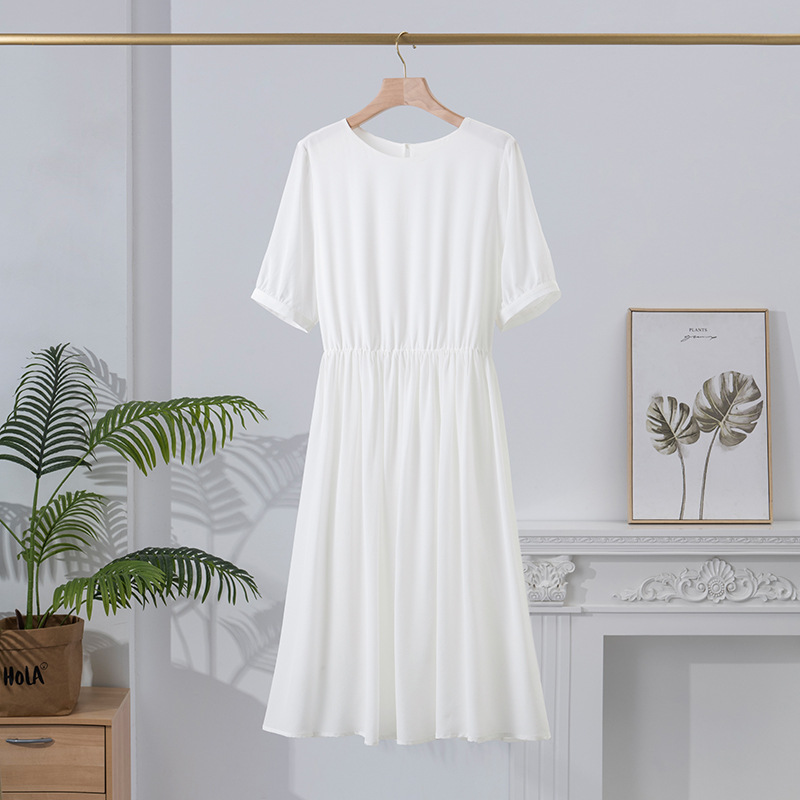 F12130 New Mulberry Silk Silk Dress Women's Loose White Skirt Commuter Short Sleeve Simple Wind Midi Skirt